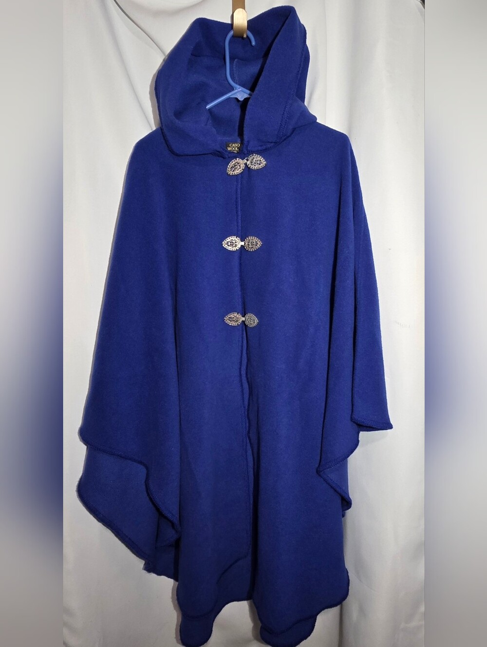 Vintage Casco Bay Wool Works 100% Wool Hooded Cape Cloak Royal Blue Pewter Clasp
